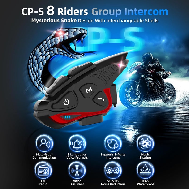 MOMAN Motorcycle Intercom Headset, CP-S 8 Riders 2000M Group Helmet Communication System, Universal Pairing with HiFi Noise Cancellation Music Share FM Radio Helmet Group Communicator for Motorbike - Image 2